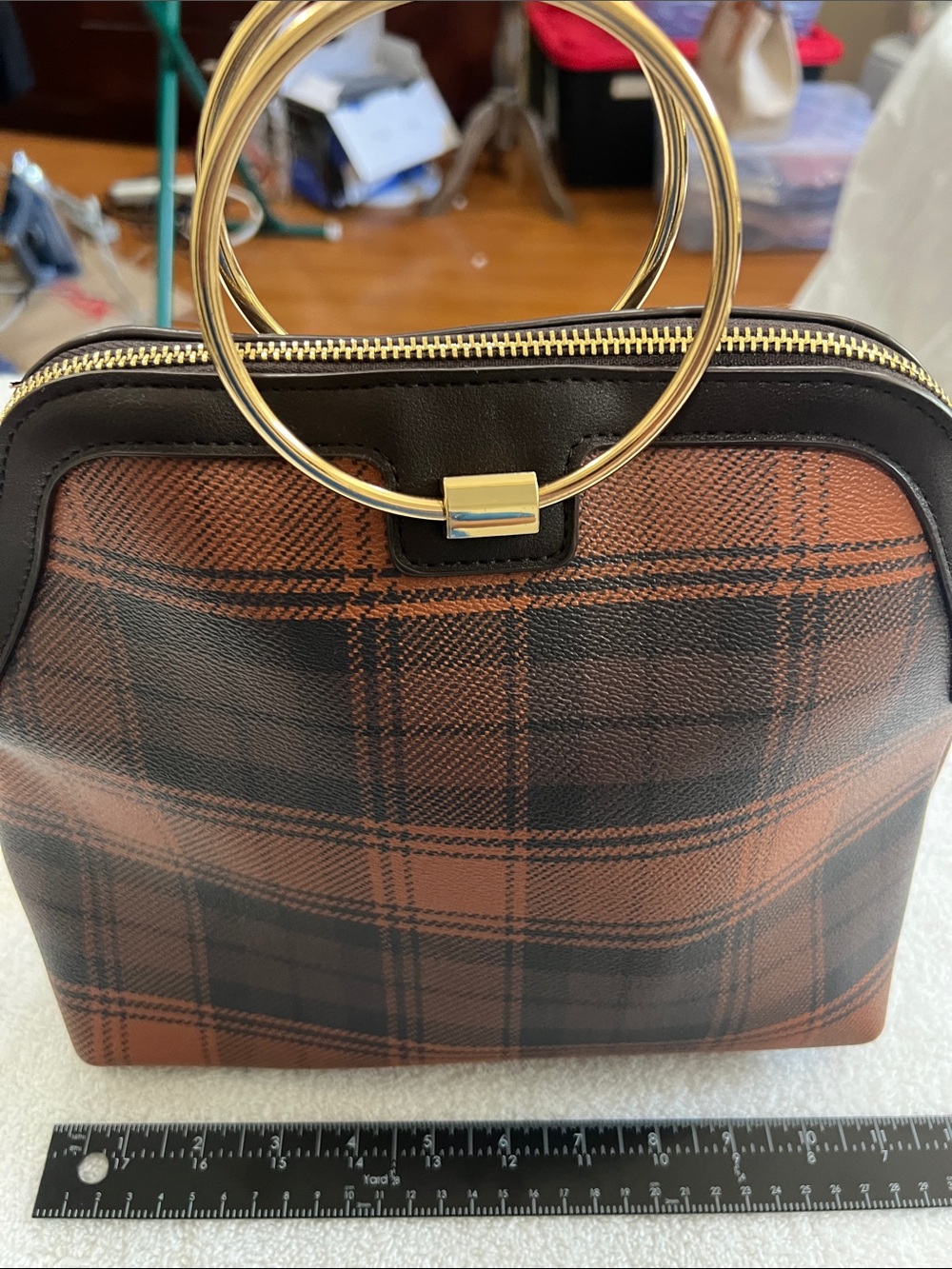 Iman Brown Plaid Ring-Handle Women's Handbag